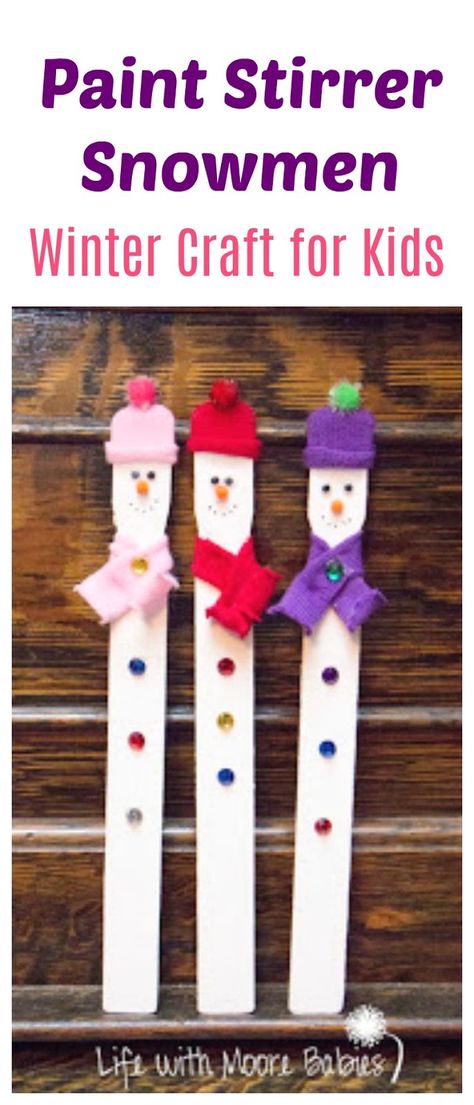 Turn left over Paint Stirrers into adorable Snowmen! A simple craft for kids! Paint Stirrer Snowman, Paint Stick Snowman Craft, Paint Stir Stick Crafts, Sticks Crafts, Teacher Crafts, Cute Snowmen, Paint Stirrers, Paint Stir Sticks, December Crafts