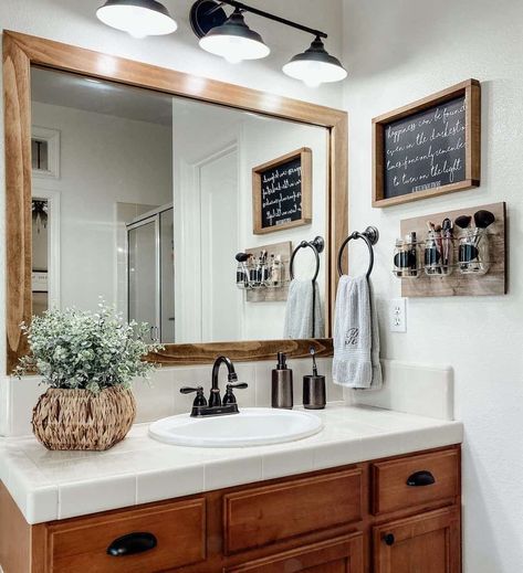 Farmhouse Bathroom With White Countertop - Soul & Lane Black Bathroom Decor, White Countertop, Bathroom Features, Black Handles, Wooden Drawers, White Countertops, Black Soap, Soap Holder, Black Bathroom