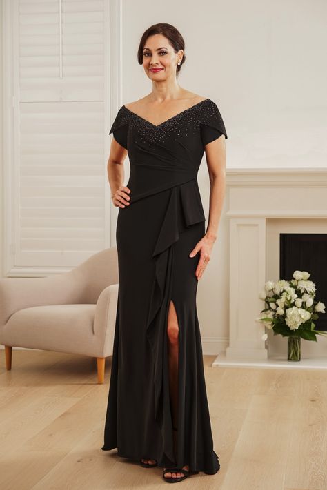 K248055_Beautiful Matte Jersey Fit & Flare Dress with Portrait Neckline and Asymmetrical Waistline with Ruffles Mother Of The Bride Dresses Black, Jade Couture, Mother Of Groom Dresses, Mothers Dresses, Mother Of The Bride Dress, Groom Dress, Bride Dresses, Mother Of The Groom, Dresses Black