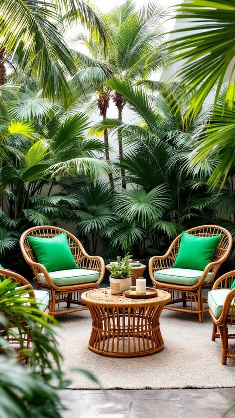 Escape to paradise with lush tropical patio decor ideas 🌴🏖️. Perfect for a relaxing backyard retreat! Patio Greenery Ideas, Tropical Outdoor Patio, Tropical Patio, Tropical Outdoor, Tropical Retreat, Relaxing Backyard, Patio Decor Ideas, Rustic Kitchen Island, Patio Plants