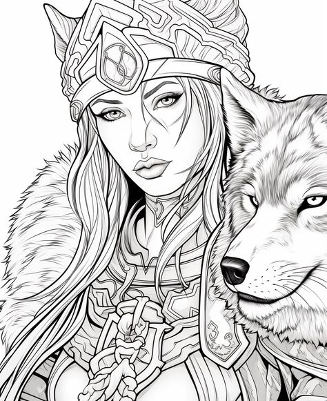 Viking Drawing Sketches, Warrior Coloring Pages, Viking Drawings, Female Wolf, Wolf Queen, Viking Queen, Bujo Art, Digital Colouring, Wolf Warrior