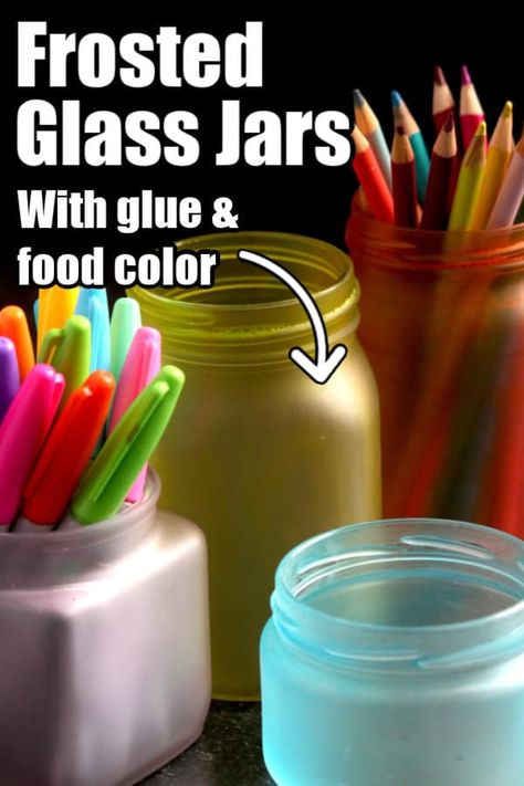 Give glass jars a frosted effect with a bit of glue and a few drops of food colouring. They're gorgeous for storing pens, pencils, paintbrushes, etc. #HappyHOoligans #Kids #Crafts #Activity #Art #Glass #Jar #Frosted #Glue #FoodColor Glue And Food Coloring Mason Jar, How To Dye Glass Jars, How To Colour Glass Bottles, Frosted Mason Jars Diy, How To Paint Jars, Frosting Glass Diy, How To Frost Glass Jars, Coloring Glass Jars, How To Paint Glass Jars