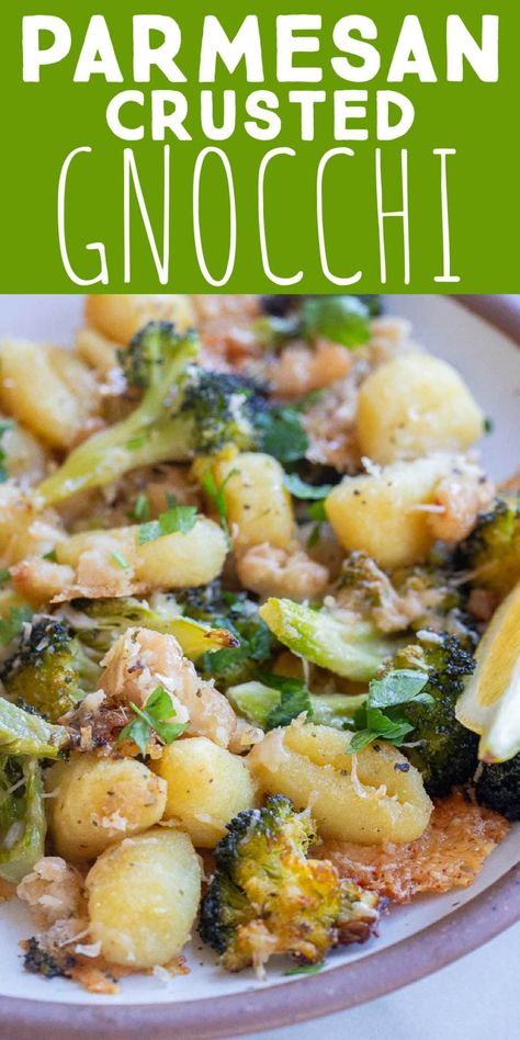 This Parmesan Crusted Gnocchi with Broccoli and White Beans is a quick and easy vegetarian sheet pan dinner! You only need a few ingredients to throw this delicious meal together. The parmesan, white beans and broccoli add protein and the potato gnocchi will keep you nice and full. Serve with a side salad and bread for a hearty dinner. #sheetpanmeal #gnocchirecipe #glutenfree #vegetarian Vegetarian Recipes Gnocchi, Gnocchi And Broccoli Recipes, Sheet Pan Gnocchi Recipes, Gnocchi Recipes Dairy Free, Chicken Broccoli Gnocchi, Gnocchi Sheet Pan Dinner, Gnocchi And Broccoli, Gnocchi Meals, Gnocchi And Vegetables