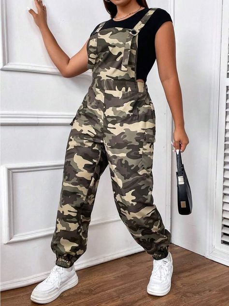 Overall Jumpsuit, Plus Size Jumpsuit, Camo Print, Army Green, Plus Clothing, Woven Fabric, Camo, Overalls, Jumpsuit