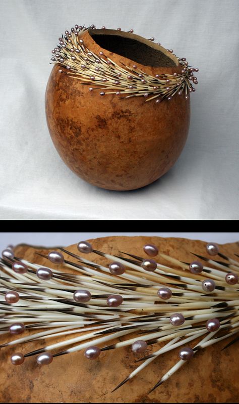 "GOURD #120" by Ron King:   Gourd, porcupine quills, pearls Gourd Necklace Pendants, Gourd Basket, Snake Gourds Crafts, Gourds Diy, Gourds Art, Canteen Gourd Art, Calabash Gourd, Pine Needle Crafts, Gorgeous Gourds