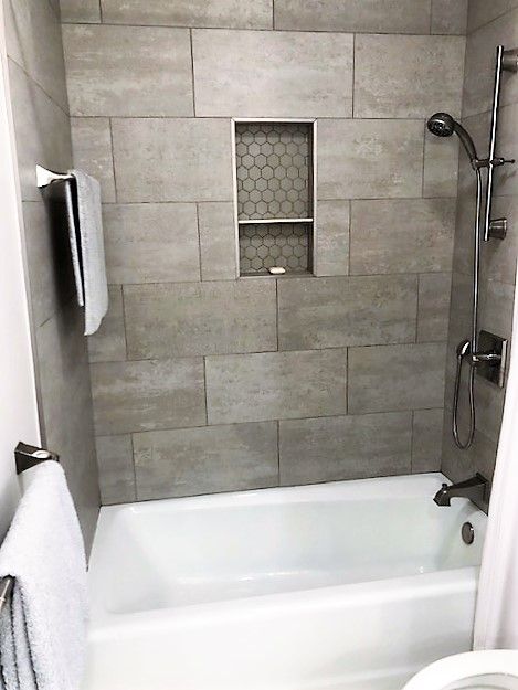 Bathtub Tile Surround, Shampoo Niche, Bathroom Tub Shower Combo, Gray Shower Tile, Tile Tub, Tile Tub Surround, Bathtub Shower Combo, Bathtub Surround, Gray Tile