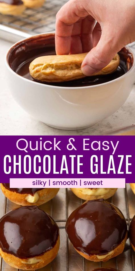 Make rich and silky Chocolate Glaze with just 4 ingredients and 5 minutes! It's the perfect glossy glaze for donuts, cakes, eclairs, and more. Donuts Chocolate Glaze, Homemade Chocolate Glazed Donuts Recipe, How To Make Chocolate Glaze For Doughnut, Chocolate Sauce For Doughnut, Chocolate Bar Donut Recipe, Ganache Glaze Recipe, Chocolate Eclair Donut, Chocolate For Donuts Recipe, Chocolate Glaze For Eclairs