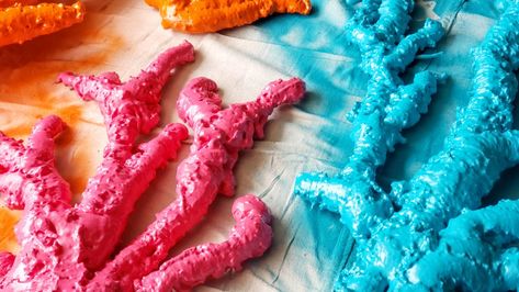 Coral Reef Display Classroom, Diy Coral Reef Decorations Under The Sea, How To Make Coral Color, How To Make Coral, How To Make Coral Reef Decorations, Spray Foam Coral Reef, Ocean Theme Party Decorations Diy, Foam Coral Reef Diy, Paper Mache Coral Reef