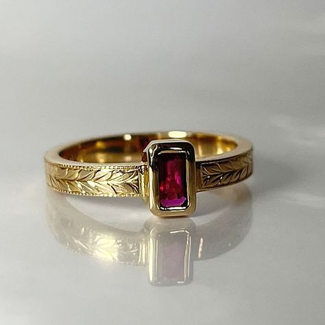 Gold Ring Ruby Stone, Gold Ring With Ruby Stone, Gold Ruby Ring With Intricate Design, Handmade Gold Ruby Ring For Wedding, Elegant Handmade Gold Ruby Ring, Pinky Rings, Ruby Ring Designs Unique, Hand Engraved Engagement Rings, Ruby Ring Designs