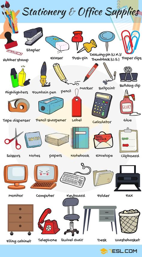 Useful list of Stationery and Office Supplies you may find in the office. Stationery is a mass noun referring … Tools Vocabulary, Office Supplies List, अंग्रेजी व्याकरण, Vocabulary In English, Tatabahasa Inggeris, Materi Bahasa Inggris, Learning English For Kids, English Vocab, English Verbs