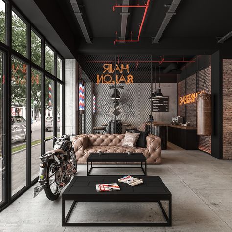 Modern Tattoo Studio Interior Design, Motorcycle Interior Design, Moody Barber Shop, Barbershops Designs, Barber Decor Ideas, Industrial Tattoo Studio, Barber Studio Ideas Luxury, Interior Design Tattoo Studio, Modern Barbershop Design