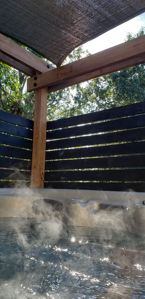 Hot Tub Area Ideas Privacy Screens, Covered Patio Ideas With Hot Tub, Modern Hot Tub Backyard, Hot Tub Patio Privacy, Replacing Hot Tub Skirting, Hot Tub Awning Ideas, Privacy Fence Hot Tub, Covered Deck With Hot Tub, Easy Hot Tub Ideas Backyard