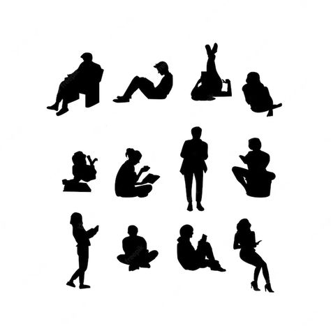 Premium Vector | Grown women and men reading books in different position silhouette Sillouttes Images People, Human Figure Sitting, Men Reading Books, Sitting Silhouette, Human Png, Silhouette Architecture, Grass Silhouette, People Silhouette, Men Reading