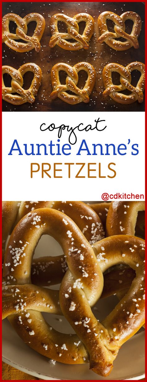 Copycat Aunt Annie's Soft Pretzels - Just like the pretzels you get at the mall, but even better since you can make them at home! - Made with , water, active dry yeast, brown sugar, salt, bread flour, flour, baking soda, coarse salt, butter | CDKitchen.com Homemade Pretzels Recipe, Soft Pretzels Recipe, Auntie Anne, Soft Pretzel Recipe, Homemade Pretzels, Homemade Soft Pretzels, Pretzels Recipe, At The Mall, Soft Pretzels