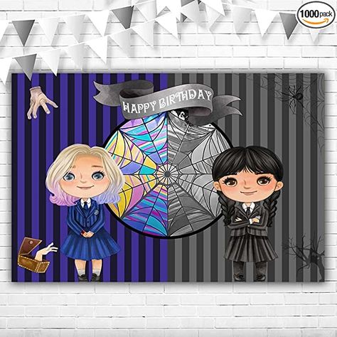 Wednesday And Enid Birthday Party, Wednesday Addams Theme, Wednesday Addams And Enid, Wednesday Party, Window Background, Twin Birthday Parties, Bow Window, Twin Birthday, Happy Birthday Banner