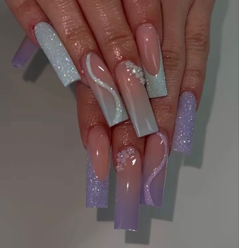 Lavender Glitter French Tip Nails, March Bday Nails, White And Purple Acrylic Nails, Lavender And Blue Nails, Pastel Purple Acrylic Nails, Amethyst Nails Acrylic, Baddie Spring Nails, White And Lavender Nails, Black And Lavender Nails