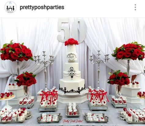 50 and fabulous Birthday Party Dessert Table and Decor Red And White Wedding Dessert Table, Red And Gold Dessert Table, Red Dessert Table, Gray Party Decorations, White Dessert Tables, Dessert Buffet Wedding, Red Party Decorations, Red Desserts, Red Birthday Party