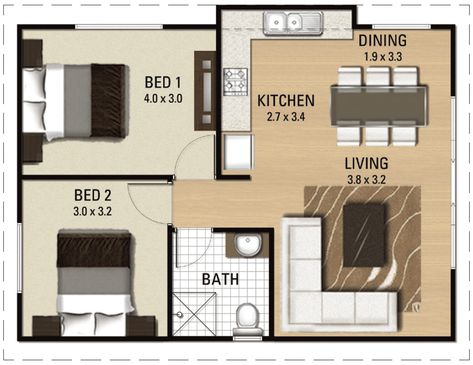 2 Bed Flat Floor Plan, Double Garage Conversion, Garage Conversion Granny Flat, Granny Flat Plans, Granny Flats, 2 Bed Flat, 2 Bedroom House Plans, Small House Floor Plans, Garage Conversion