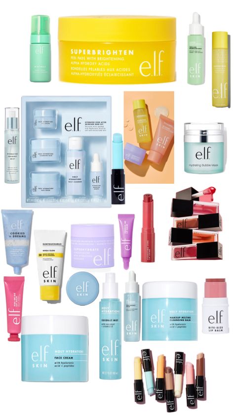 Elf skincare pic collage with lip balms and lip oils Skincare Collage, Elf Lip Balm, Elf Skincare, Pic Collage, Bubble Mask, Lip Oils, Lip Balms, Gift List, Lip Oil