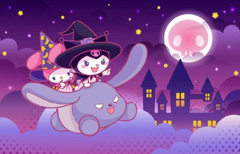 Halloween Laptop Wallpaper Desktop Wallpapers, Hello Kitty Halloween Wallpaper, Halloween Desktop Wallpaper, Night Sky Background, Hello Kitty Printables, My Melody Wallpaper, Cute Witch, Melody Hello Kitty, Hello Kitty Backgrounds