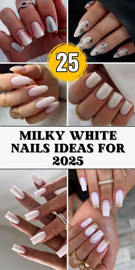 White Nail Tip Ideas, White Champagne Nails, Gold And White Nails Short, Milky Nail Designs, Milky Acrylic Nails, Milky White Nail Ideas, Milky White Nails With Gold, White And Gold Nail Ideas, Milky White Gel Nails