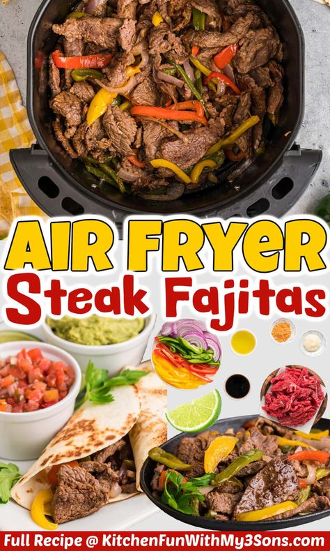 This recipe for Air Fryer Steak Fajitas is so fast and yummy! These steak fajitas are bursting with bold flavors and delicious veggies - all made in your air fryer! Air Fryer Steak Fajitas, Steak Fajitas Recipe, Air Fry Steak, Air Fryer Steak, Fajitas Recipe, Veggie Snacks, Airfryer Recipes, Fajita Recipe, Steak Fajitas