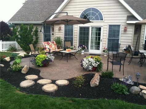 stamped concrete patio - love the shape and landscaping Landscaping Around Patio, Landscaping Around House, Cement Patio, Concrete Patio Designs, Concrete Patios, Stamped Concrete Patio, Patio Interior, Patio Landscaping, Stamped Concrete