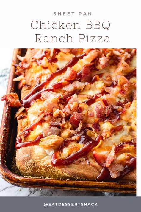 The tangy BBQ sauce and bacon bits on top set this pizza apart from the crowd. This sheet pan pizza recipe is a family favorite, and hits all the right dreamy pizza points. Sheet Pan Bbq Chicken, Pan Bbq Chicken, Bacon Ranch Pizza, Pan Pizza Recipe, Pizza Calzones, Bbq Chicken Pizza Recipe, Sheet Pan Pizza, Ranch Pizza, Chicken Bacon Ranch Pizza