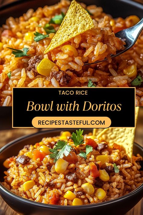 Enjoy a quick and delicious meal with this Taco Rice Bowl featuring Doritos! This flavorful dish combines seasoned ground beef, fluffy rice, and all your favorite taco toppings, served over a crunchy base of Doritos for an added twist. Ideal for busy weeknights or game day gatherings, this easy recipe is sure to satisfy cravings and impress your family and friends. Dive into a bowl of fun and flavor! Tacos Ground Beef, Taco Rice Bowl, Jalapeno Relish, Taco Toppings, Seasoned Ground Beef, Taco Rice, Fluffy Rice, Taco Seasoning Packet, Minute Rice