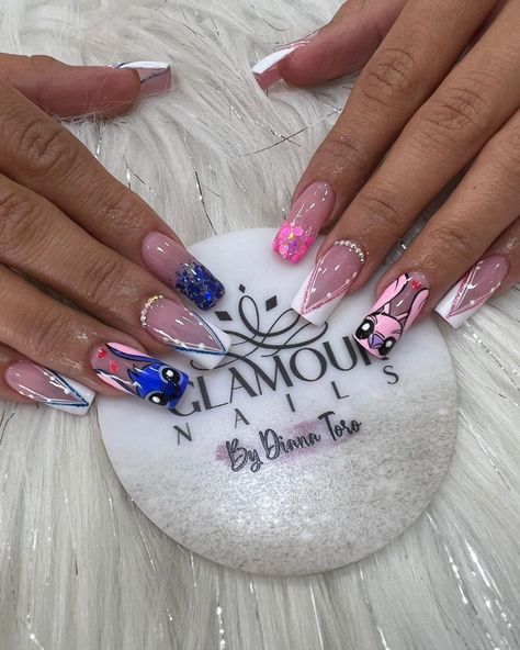 I am a self-taught nail artist from Bulgaria, who loves unusual nail designs. All of the designs are done by me on my own nails. Each of them took me at least 2 hours to finish. I paint well-known characters from the cartoons of your childhood, logos of different brands, parts of TV series and games on my nails. Lilo And Stitch Nails Acrylic Short, Stitch Angel Nails, Stitch And Angel Nails Acrylic, Stitch Themed Nails, Manicure Stitch, Stitch Acrylic Nails, Stitch And Angel Nails, Stitch Nails Acrylic, Stitch Nails Disney