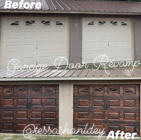 How I refinished my garage doors inexpensively as well as easily. Easy DIY project. Magnetic garage door hardware, gel stain. Home improvement. Before and after garage doors. Magnetic Garage Door Hardware, Metal Garage Doors, Garage Door Paint, Garage Door Hardware, Clean Garage, Garage Exterior, Metal Garage, Garage Door Makeover, Diy Garage Door