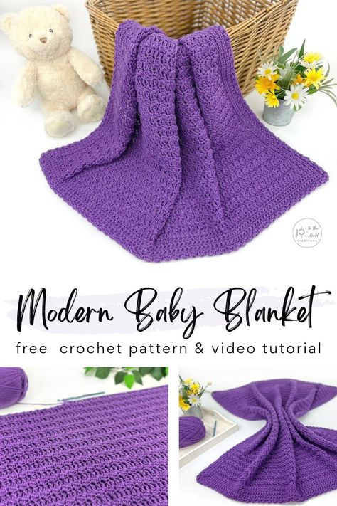 Modern Baby Blanket - Free Crochet Pattern | Jo to the World Creations Modern Baby Blanket Crochet Pattern, Modern Crochet Baby Blanket, Crochet Blanket Video, Crochet Baby Blanket Beginner, Modern Baby Blanket, Modern Crochet Blanket, Crochet Baby Blanket Pattern, Crochet Baby Blanket Free Pattern, Easy Crochet Baby Blanket