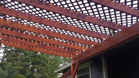 Beam and lattice How To Tie In A Porch Roof, Lattice Pergola Roof, Replacement For Lattice Under Deck, How To Install Lattice Under Deck, Attached Lean-to Patio Roof Ideas, Diy Patio Ideas, Lattice Patio, Diy Patio Cover, Small Pergola