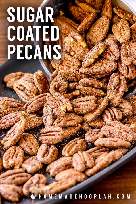 Sugar Coated Pecans! Perfect for gifting or keeping as a sweet snack, these sugar coated pecans have a baked-on cinnamon sugar coating that only requires 4 ingredients to make. | HomemadeHooplah.com Pecans For Salad, Cinnamon Roasted Pecans, Sugar Coated Pecans, Coated Pecans, Christmas Platters, Pumpkin Spice Pecans, Candied Pecans Recipe, Glazed Pecans, Sugared Pecans