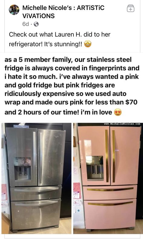 Pink Fridge Aesthetic, How To Vinyl Wrap A Fridge, Pink Fridge Kitchen, Rose Gold Kitchen Ideas, Pink And Gold Kitchen, Painted Stove, Gold Fridge, Color Appliances, Kitchen Preppy