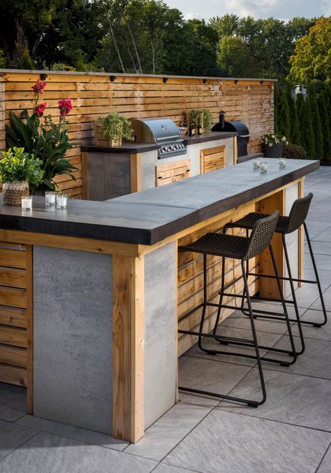 Using Belgard Artforms for Outdoor Benches, Fire Pits, Kitchens and More Terraced Patio Ideas, Small Pool Houses, Concrete Outdoor Kitchen, Rustic Outdoor Kitchens, Concrete Patio Makeover, Brick Bbq, Outdoor Cooking Area, Outdoor Benches, Outdoor Bbq Kitchen