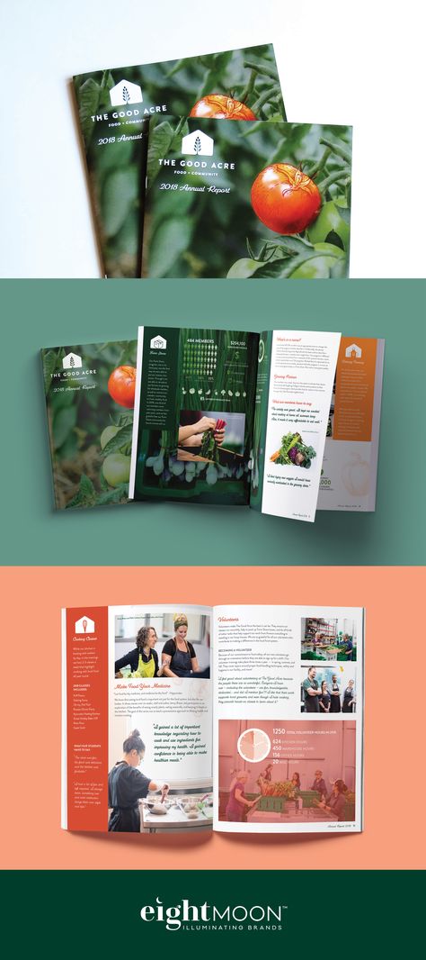 2018 Annual Report Design for The Good Acre Non-Profit Organization | thegoodacre.org | Eight Moon™ Creative Design Firm, Minneapolis, MN Graphic Design Annual Report, Nonprofit Brochure Design, Non Profit Annual Report, Annual Report Layout Design Inspiration, Annual Reports, Impact Report Design, Report Design Ideas, Creative Annual Report Design, Annual Report Design Inspiration