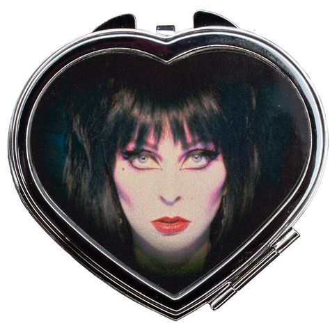 Elvira Classic Face heart shaped compact, metal compact with non magnifying mirror inside, compact approx 2.75" w, exclusive bootique design. Printed in the USA Cute Compact Mirror, Acid Bath, Girl Time, Buy List, Make Up Inspo, Mirror Design, Jewelry Lockets, Magnifying Mirror, Crafts For Girls