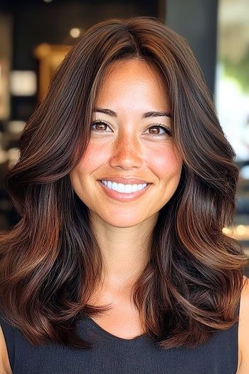 Save this pin for the best brunette hair colors for fall. This pretty mocha balayage breathes new life into medium-length layers. The interplay of deep coffee and creamy latte shades creates a flowing, multidimensional look. Coffee Mocha Hair Color, Mocha Balayage, Best Brunette Hair Color, Coffee Hair Color, Hair Colors For Fall, Rose Gold Hair Brunette, Medium Length Waves, Mocha Color Hair, Mocha Hair