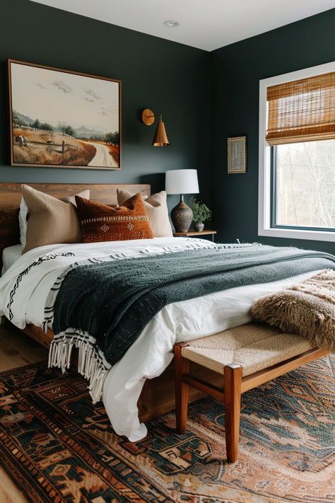 Dark Academia Eclectic Decor, Masculine Earth Tone Bedroom, Modern Moody Home Decor, Boho Bedroom Color Palette, Moody Boho Home Decor, Cozy Home Paint Colors, Earthy Moody Bedroom, Earthy Color Palette Bedrooms, Small Guest Bedroom Ideas Cozy