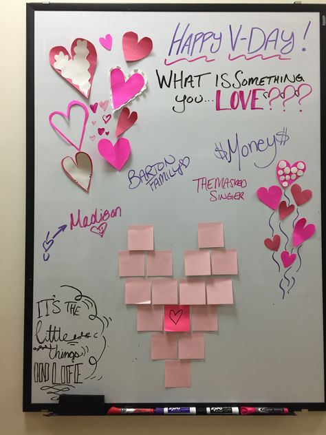 Valentine's Day White Board Valentines Day White Board Ideas, Valentine’s Day Whiteboard Ideas, Valentines White Board Ideas, February White Board Ideas, Meeting Prompts, White Board Ideas, Whiteboard Prompts, Whiteboard Ideas, Classroom Whiteboard