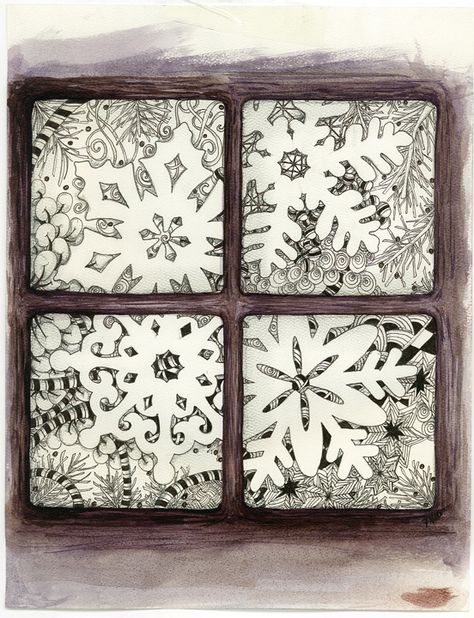 This Zentangle-inspired snowflake window is by my good friend and fellow Certified Zentangle Teacher, Toni Henneman Zentangle Snowflakes, Watercolour Zentangle, Pretty Snowflakes, Christmas Zentangle, Zentangle Christmas, Zentangle Pictures, Snowflake Art, Zen Tangle, Tangle Doodle