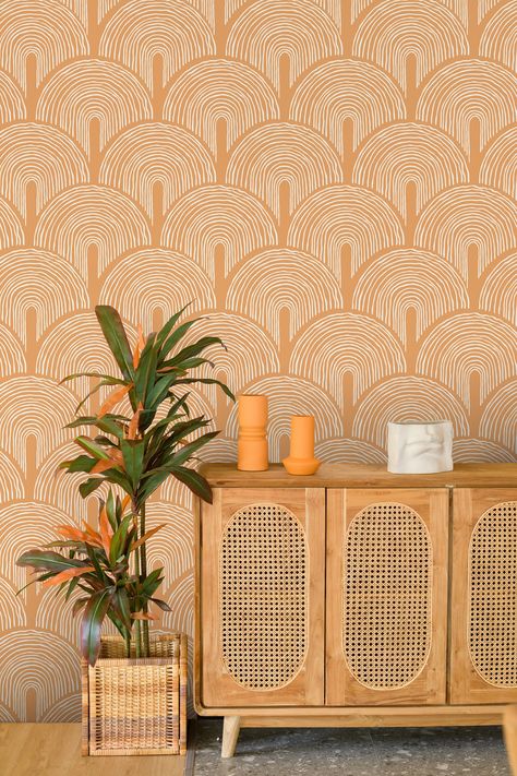 Removable Wallpaper Accent Wall Living Room, Dinning Room Wallpaper Ideas Vintage, Peel And Stick Wallpaper Retro, Wallpaper In Small Spaces, 70s Peel And Stick Wallpaper, Retro Revival Interior Design, Peel And Stick Fridge, 1960s House Decor, Wallpaper In The Bathroom