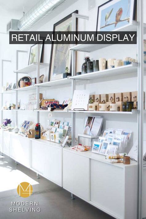 See how you can combine multiple RAD Displays to create a clean and modern retail display. The RAD design is strong enough to hold your item even with a 48” shelf span. All the shelves are independent so they can be at any height. It’s up to you to put the shelves at the same level or stagger. #aluminumdisplayshelving #shelving #clothingshelves #modernshelves Industrial Retail Shelving, Diy Retail Display, Organize Products, Colorful Maximalism, Retail Wall Displays, Merch Display, Retail Display Shelves, Merchandise Display, Space Optimization