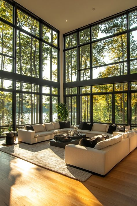 Big House Windows, Big Windows Living Room, Dreamy Living Room, Minimal Windows, Awesome Houses, Huge Houses, Interior Decorating Tips, Lots Of Windows, Large Window