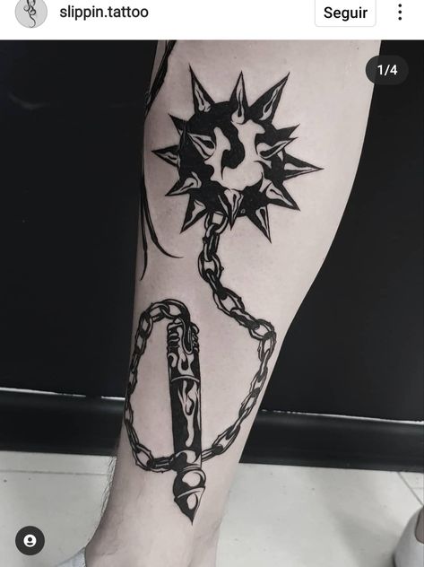 Spike Ball Tattoo, Ball And Chain Tattoo, High Contrast Tattoo, Flail Tattoo, Horror Sleeve, Chain Tattoo, Medieval Tattoo, Arm Tats, Fire Tattoo