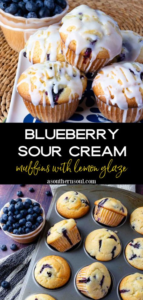 Blueberry Sour Cream Muffins, Lemon Blueberry Muffins Recipe, Sour Cream Blueberry Muffins, Sour Cream Muffins, A Southern Soul, Muffin Flavors, Best Blueberry Muffins, Blueberry Topping, Simple Muffin Recipe