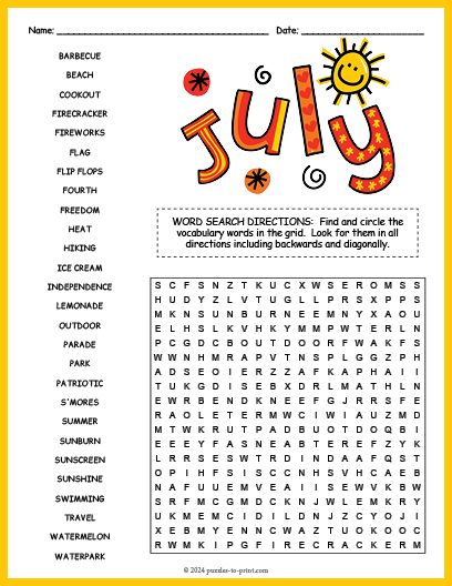 Free Printable July Word Search Summer Word Search Free Printable, Resident Games, July Word Search, High School Esl, Summer Puzzle, Jumbled Words, Nursing Home Activities, Summer Worksheets, Scramble Words