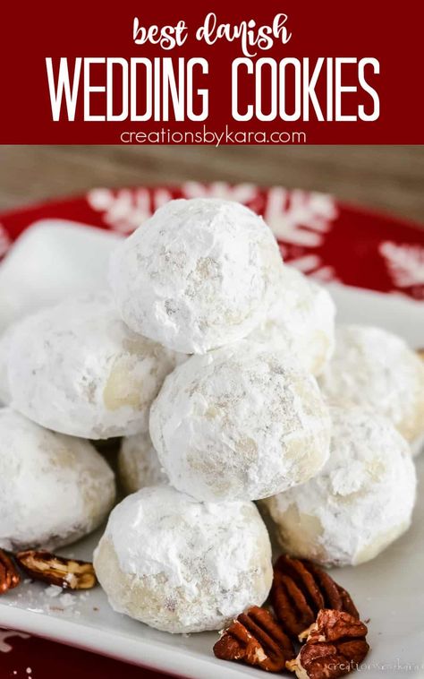 Everyone loves these DANISH WEDDING COOKIES! Buttery, nutty little cookies rolled in powdered sugar. You only need 7 ingredients and a few minutes to make them! #danishweddingcookies #snowballcookies @Creations by Kara Italian Wedding Cookies Recipe, Danish Wedding Cookies, Traditional Italian Wedding, Danish Wedding, Wedding Cookies Recipe, Italian Wedding Cookies, Mexican Wedding Cookies, Wedding Cake Cookies, Italian Recipes Dessert