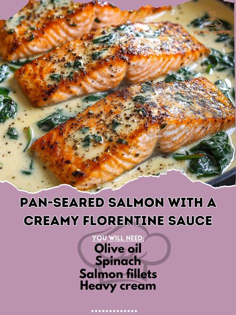 🐟🍲 Savor the flavors of Pan-Seared Salmon with Creamy Florentine Sauce! Healthy and delicious! 🥬✨ #HealthyEats #DeliciousDinners Pan-Seared Salmon with a Creamy Florentine Sauce Ingredients: Salmon fillets (4) Olive oil (2 tbsp) Spinach (2 cups, fresh) Heavy cream (1 cup) Parmesan cheese (1/2 cup, grated) Garlic (3 cloves, minced) Lemon juice (1 tbsp) Salt (to taste) Black pepper (to taste) Instructions: Heat olive oil in a skillet over medium-high heat. Season salmon with salt and pepper... Florentine Sauce Recipe, Florentine Sauce, Season Salmon, Salmon Cakes Recipe, Salmon Seasoning, Roast Beef Recipes, Pan Seared Salmon, Salmon Cakes, Seared Salmon